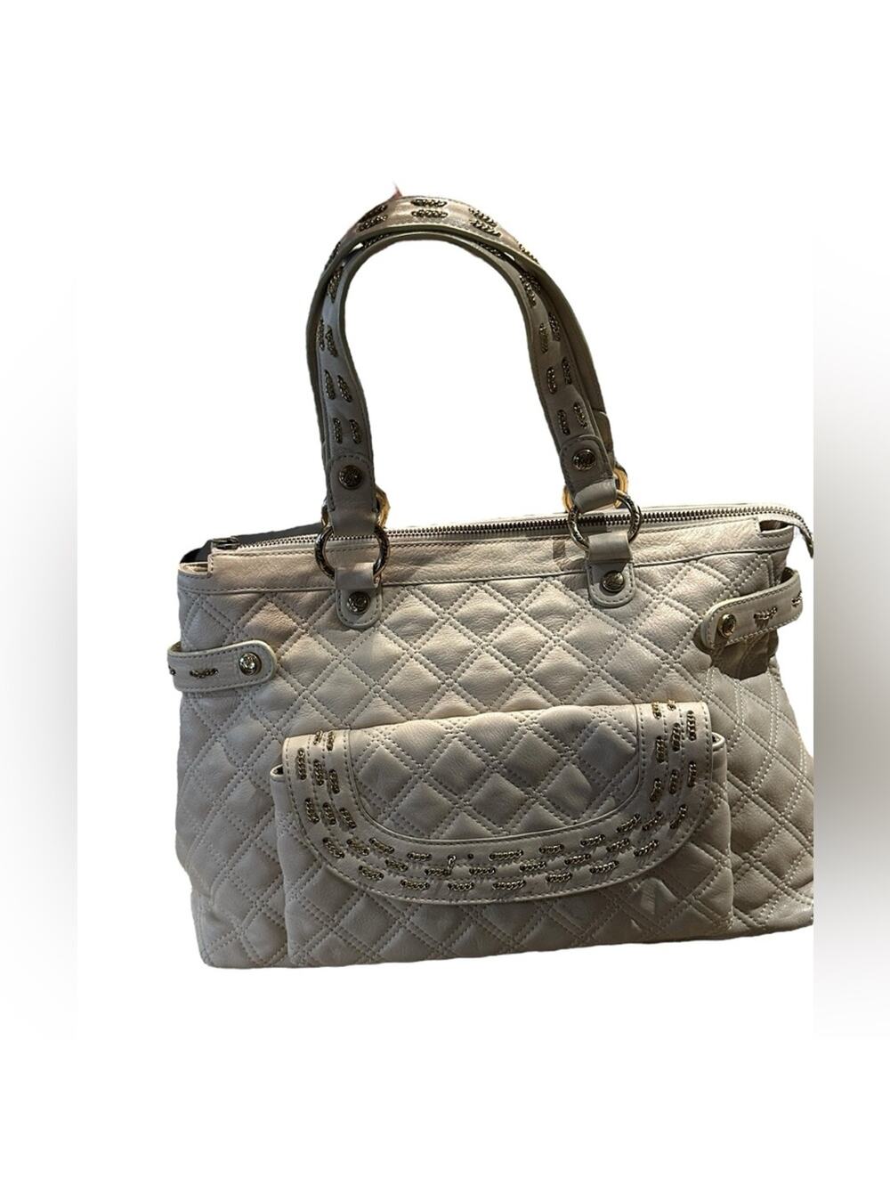 Kate Landry Ivory Leather Quilted Handbag with Gold Chain Trim